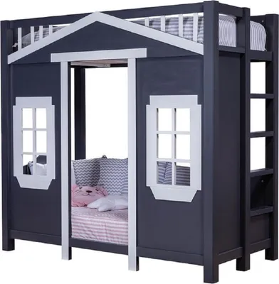 Produktbild von Casa Padrino Landhausstil Kinderhaus Bett Dunkelblau / Grau 208 x 102 x H. 196 cm - Kinder Hochbett mit Leiter - Landhausstil Kinderzimmer Möbel