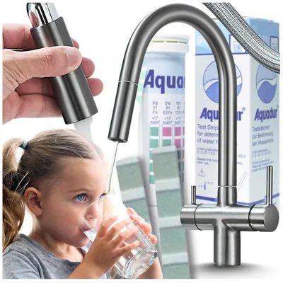 Productafbeelding van Ari Slender keukenkraan, 3-wegs, grafiet antraciet, met uittrekbare douche, filterwateruitloop, 360° draaibaar, messing, 2 hendels