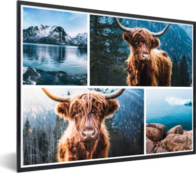 Produktbild von MuchoWow® Gerahmtes Poster Schottischer Highlander - Collage - Berg 80x60 cm - Poster mit Schwarzem Bilderrahmen Wandposter Rahmen Foto Bilder - Schwarzem - Mit Gestell
