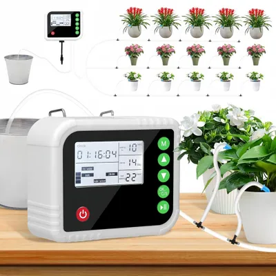 Produktbild von Automatische Bewässerungssystem für 15 Topfpflanzen mit Zwei Modi, Indoor Wiederaufladbar Bewässerung, Programmierbarem, LCD Display, 15m Schlauch