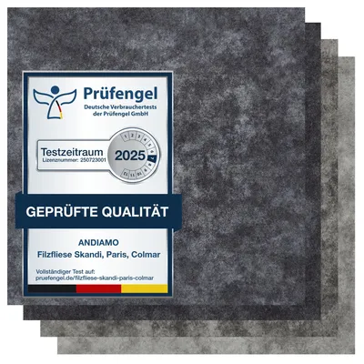 Filzfliese dunkelgrau Cloud-Design mit Prüfengel-Siegel, Muster in anthrazit, hellgrau, beige-grau.
