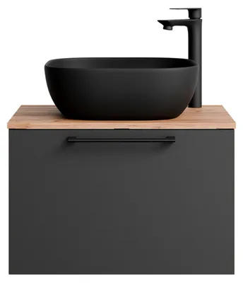 Produktbild von Planetmöbel Waschtischunterschrank Astra 60 cm Gold Eiche/Anthrazit mit schwarzem Keramik-Aufsatzwaschbecken