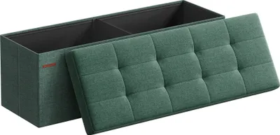 Produktbild von Songmics Sitzbank mit Stauraum, 38x110x38 cm, klappbar, bis 300 kg belastbar, Vintagegrün Leinenimitat, Stepp-Design, 131 Liter Volumen, mit herausnehmbarer Trennwand