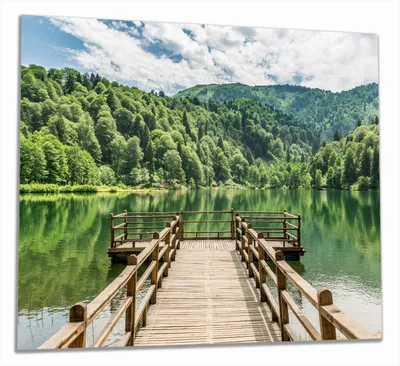 Produktbild von Wallario Herdabdeckplatte aus Glas, Größe 60 x 52 cm 2-teilig, Motiv Steg am See in den Bergen