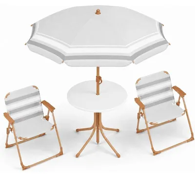 Immagine prodotto di Set da picnic per bambini con ombrellone VX91466DE, composto da un tavolo con ombrellone e due sedie, in materiale naturale