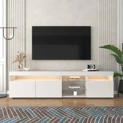Produktbild von MODFU Lowboard TV-Schrank mit variable LED-Beleuchtung, Lange 180cm Fernsehtisch Wohnzimmerschränke TV-Möbel TV-Regal(inklusive offener Fächer)für Fernseher bis zu 80 Zoll für Wohnzimmer, Esszimmer und Schlafzimmer, weiß