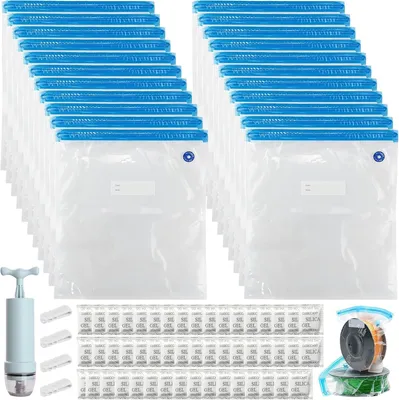 Productafbeelding van Vacuümzakken voor filament - Set van 22 - Filamentzakken met 50 vochtwerende middelen - 4 afdichtclips en 1 handpomp - PLA ABS PETG TPU opslag