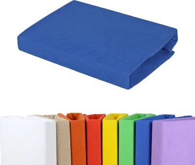 A folded blue fitted sheet is shown above a row of fitted sheets in various colors.