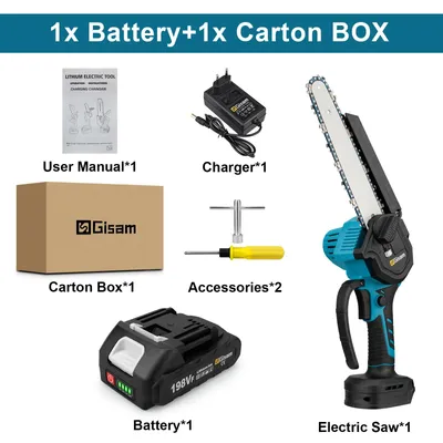 Image de Scie à chaîne sans fil - Mini scie à chaîne de 20 cm - Moteur sans balais - 18V - 1 batterie incluse - Pour découper du bois et tailler les haies - À main