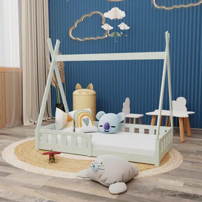 Produktbild von HAGO24 Kinderbett Tipi-Stil Kiefernholz Lattenrost Rausfallschutz Matratze Schlafkomfort Spielbett 148x141x76cm Mint