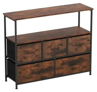 Produktbild von Breite Kommode mit offenen Holzregalen und 5 Schubladen