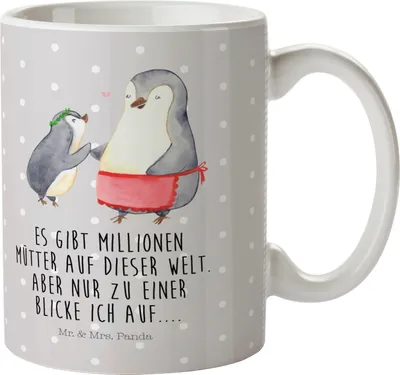 Produktbild von Mr. & Mrs. Panda Mehrwegbecher Pinguin mit Kind - Grau Pastell - Geschenk, Vorbild Mama, Mutter, Muttertag, Pott, Kindertasse, Trinklernbecher, Plastikbecher