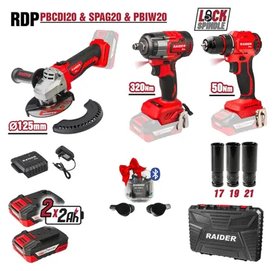 Obrázok produktu pre Sada aku vŕtačka so skrutkovačom 50Nm, rázový uťahovák 1/2'' 320Nm, uhlová brúska 125mm, s akumulátorom 2x 2Ah, Raider Pro