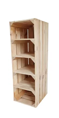 A tall, narrow wooden shoe rack with five shelves, presented against a white background.