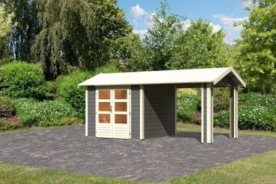 Produktbild von Karibu Gartenhaus Gerätehaus Theres 3 im Set mit 1 Dachausbauelement terragrau 480x244x242 cm