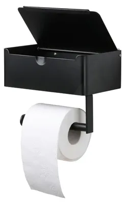 Zdjęcie produktu dla Uchwyt na papier toaletowy Bath & Shower, czarny – uchwyt na papier toaletowy bez wiercenia z pojemnikiem – uchwyt na papier toaletowy z półką – uchwyt na rolkę papieru toaletowego – 20,5 x 13 x 14 cm
