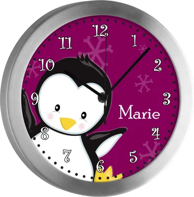 Produktbild von Kinderzimmer Funkwanduhr, Funkuhr Wanduhr Kinder, Pinguin brombeere 25 cm