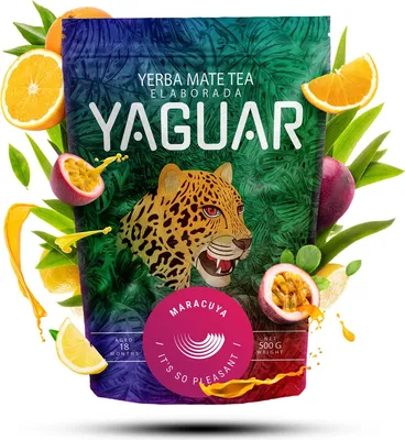 A bag of Yaguar Yerba Mate Tea with Maracuya flavor, surrounded by fresh fruits and leaves.