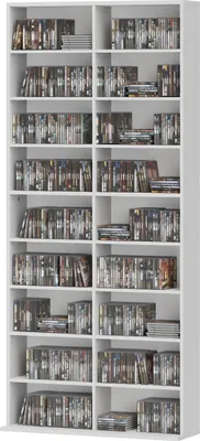 Zdjęcie produktu dla Półka na DVD, regał na płyty CD, 14 regulowanych półek, 18 przegródek, 175 cm, półka na Blu-ray, płyta pilśniowa, biały