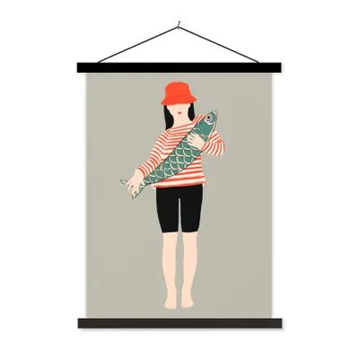 Produktbild von MuchoWow® Textilposter Frau - Fisch - Jahrgang 120x160 cm mit schwarzem Rahmen - Magnetischer