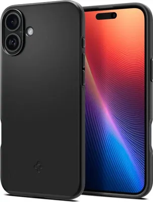 A black phone case is shown with a phone screen displaying a colorful abstract wallpaper.