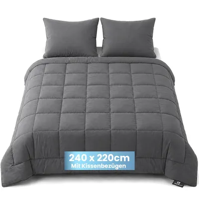Produktbild von Slaapspeciaal Bettdecke ohne Bezug 240x220cm - Ganzjahresdecke Extra lang - Steppdecke inkl. 2 Kissenbezüge - Grau