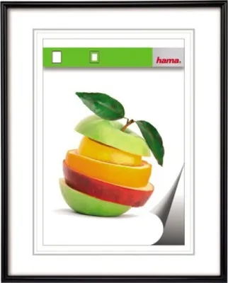 A framed image with a graphic of stacked fruit slices and a brand logo.