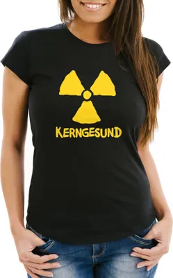 Produktbild von Damen T-Shirt Kerngesund schwarzer Humor Statement Kernkraft Ironie Frauen Fun-Shirt lustig Moonworks® schwarz S