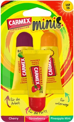 Produktbild von Carmex Minis Lippenpflege – Strawberry, Pineapple Mint, Cherry – 3er Set je 5 g