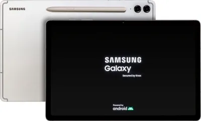 A Samsung Galaxy tablet is shown with its screen displaying the Samsung logo and Android branding. The back of another tablet, with a stylus attached, is visible behind it.