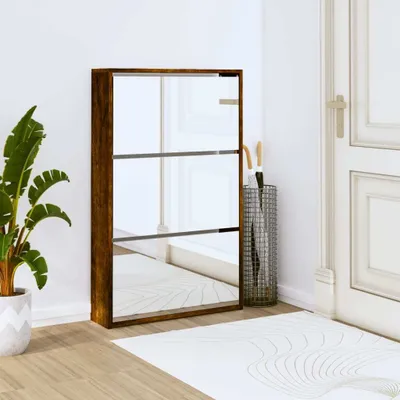 Produktbild von vidaXL Schuhschrank mit Spiegel 3 Fächer Räuchereiche 63x17x102,5 cm - Schuhregal - Schuhregale - Schuhaufbewahrung - Schuhschrank