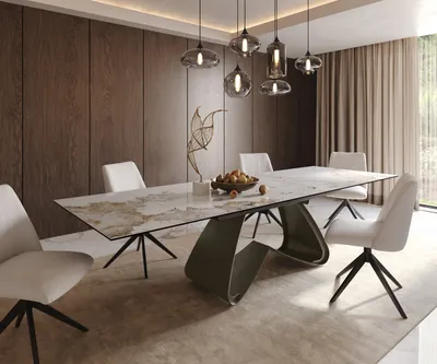 Produktbild von DELIFE Esstisch Edge 200-300x100 Keramik Minas Melange Weiß-Beige W-Gestell Effektfinish Titan Ausziehbar