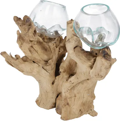Produktbild von Exotische Wurzelholz Vase mit 2 Gläsern - 2 * Ø Glas bis 10 cm, Braun, Holz,Glas,Wurzelholz, Vasen & Blumentöpfe