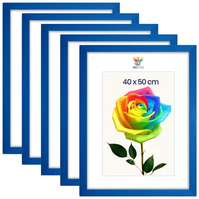 Produktbild von MG Design 5er Set Bilderrahmen 40 x 50 cm - Posterrahmen mit Blau Echtholzrahmen und bruchsicherem Acrylglas, Hoch & Quer mit stabiler Wandaufhängung