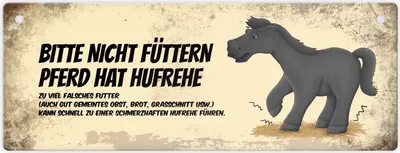 Produktbild von Metallschild mit schwarzem Pferd Motiv und Spruch: Bitte nicht füttern - Hufrehe