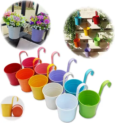 Produktbild von Set von 10 Metallblumentöpfen, hängende Vase, Blumentopf, Korb ohne Abflusslöcher, abnehmbarer Haken, Gartenzaun, Balkon Dekoration