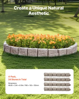 Produktbild von VEVOR Rasenkante in Steinoptik 4er-Set, 1190x100x155 mm, realistische Beeteinfassung, flexible Gartenbegrenzung in Ziegelgröße mit Verankerungsspitzen, Beetumrandung für Einfahrten, Gehwege, Braun