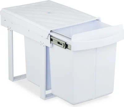 Image de Poubelle encastrable Relaxdays, 2 compartiments, 2 x 20 l, H x l x P : 41,3 x 34 x 51,8 cm, coulissante, système de poubelles pour meuble bas, blanc