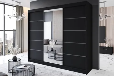 Produktbild von Easy4You R6 250 cm Schwarz Schiebetüren Kleiderschrank 250x215x58 cm mit Spiegel - Schlafzimmermöbel, Aufbewahrung - Mehrzweckschrank