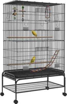 Produktbild von Vogelkäfig Vogelvoliere Mit Sitzstangen Vogelbauer Mit Ablage, Rollen, Herausnehmbarer Bodenwanne, Voliere Mit Türen, Schwarz