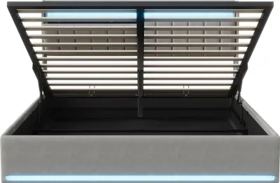 Obrázok produktu pre Posteľ – čalúnená dvojposteľ – 140 × 190 cm – hydraulický úložný priestor – čelo s úložným priestorom – LED a USB – čalúnená zamatom – sivá