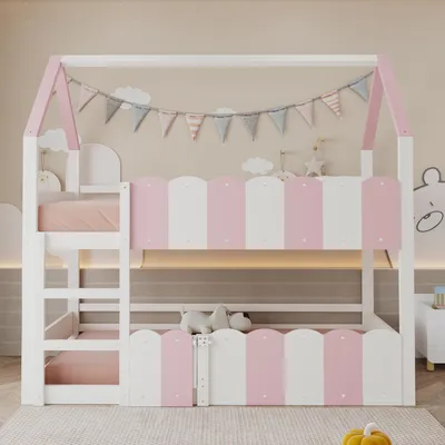 Produktbild von Kinder-Etagenbett 90x200 cm, hausförmiges Design mit erhöhten Sicherheitsgeländern, oberes Bett mit Lattenrost, für Jungen & Mädchen, rosa