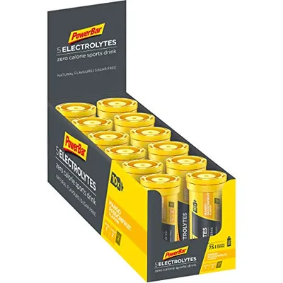 Produktbild von PowerBar Elektrolyte Tabletten 5 Electrolytes - Brausetabletten mit 5 Mineralstoffen - Erfrischender Drink mit Natrium, Chlorid, Kalium, Magnesium und Calcium - Mango-Passionsfrucht (12 x 10 Tabs)
