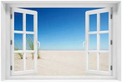 Produktbild von Wallario Premium Glasbild mit Fensterrahmen, freischwebende Optik, kräftige Farben, Größe 60 x 90 cm Motiv Sandstrand unter blauem Himmel