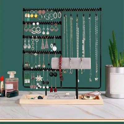 Productafbeelding van Famanu sieradenstandaard van metaal en hout - 34 cm hoog, organizer voor kettingen, armbanden, oorbellen en horloges, zwart