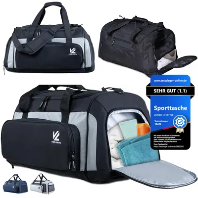 Produktbild von VL® Sporttasche mit Schuhfach, Nassfach & [Isoliertes Kühlfach] Saunatasche & Reisetasche für Damen & Herren Gym Bag, Gym Tasche, Fitnesstasche, Trainingstasche, Schwimmtasche 50L Schwarz-Grau – Schwa