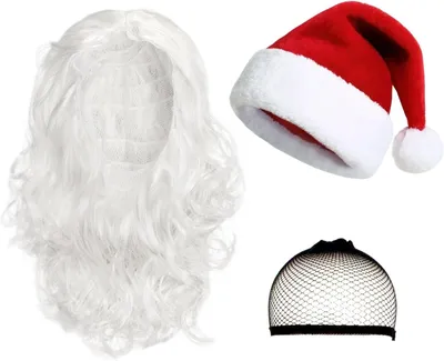 Image de Ensemble Saint-Nicolas : bonnet, perruque et filet (3 pièces) - Rouge