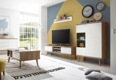 Produktbild von Wohnzimmer Set Merle 250cm eiche riviera / weiß matt Wohnwand Couchtisch