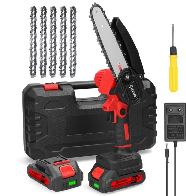 A collection of items for a mini chainsaw kit, including the chainsaw, batteries, chains, charger, and storage case, laid out on a white background.
