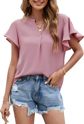 Produktbild von ASKSA Damen Bluse Chiffon Elegant V-Ausschnitt Rüschen Sommer Kurzarm Lose Oberteile Casual Tunika Tops, Rosa, M